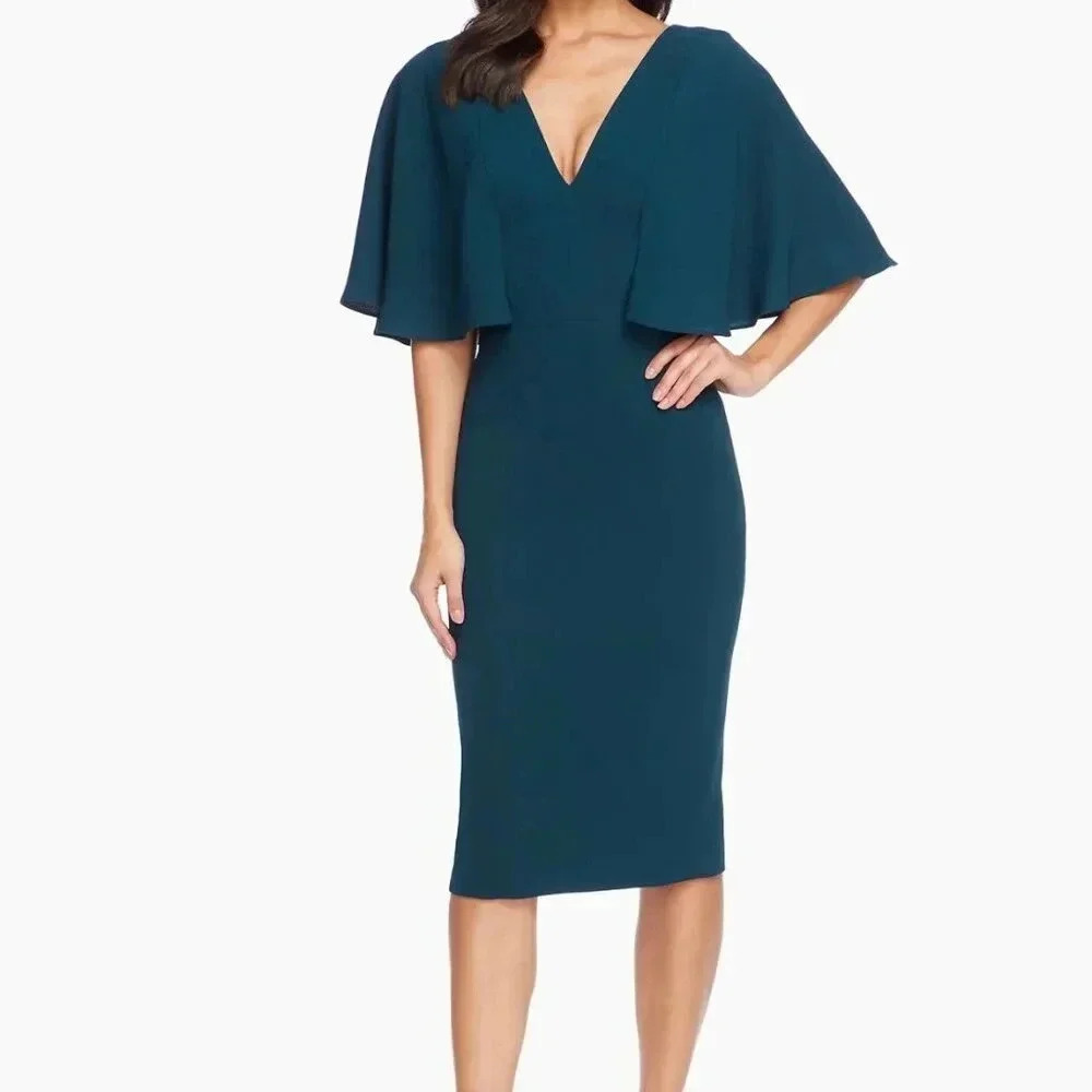 Dress the Population Louisa Flutter-Sleeve Size Large Dress BLACK Wedding Church